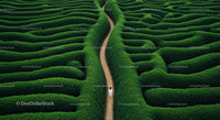 Woman Navigating a Serene Green Hedge Maze