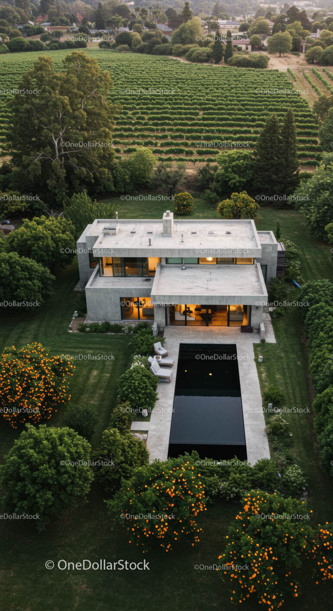 Modern Luxury House with Pool Surrounded by Lush Vineyard