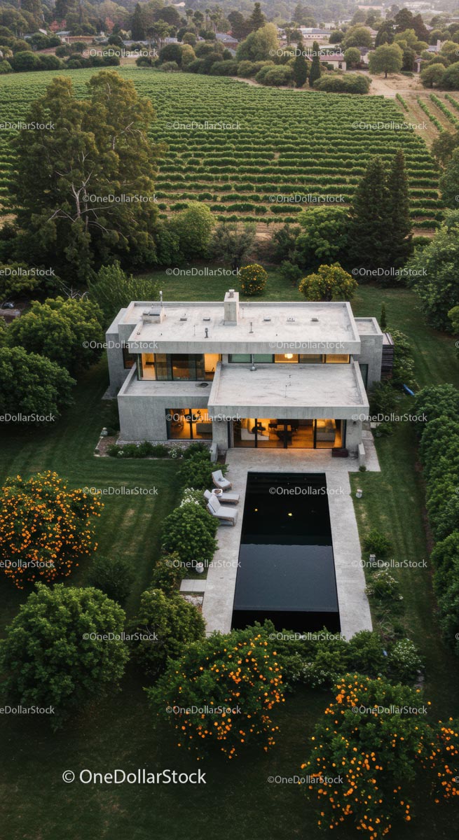 Modern Luxury Home Surrounded by Vineyard and Lush Greenery