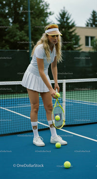 Focused Female Tennis Player on Court Preparing to Serve