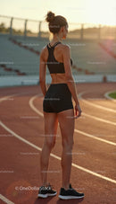 Female Athlete Standing on Track at Sunset
