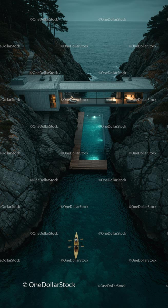 Luxury Cliffside Home with Kayakers on Turquoise Waters
