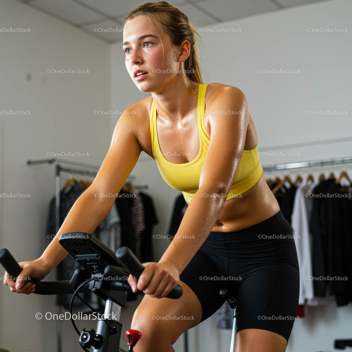 Focused Woman in Yellow Top on Spin Bike Workout