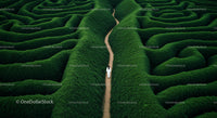 Woman in White Dress Walking Through Green Hedge Maze