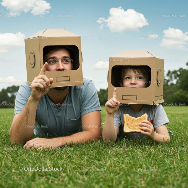 Father and Son Playing with Cardboard Box Helmets Outdoors