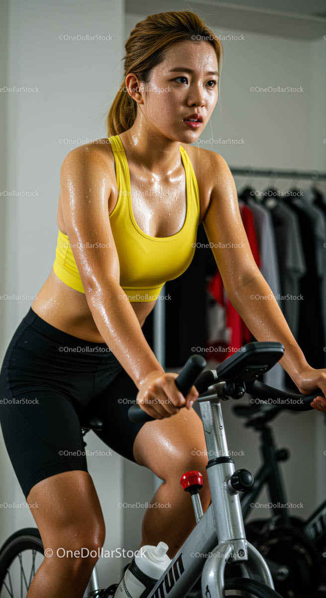 Determined Woman Cycling Indoors for Fitness