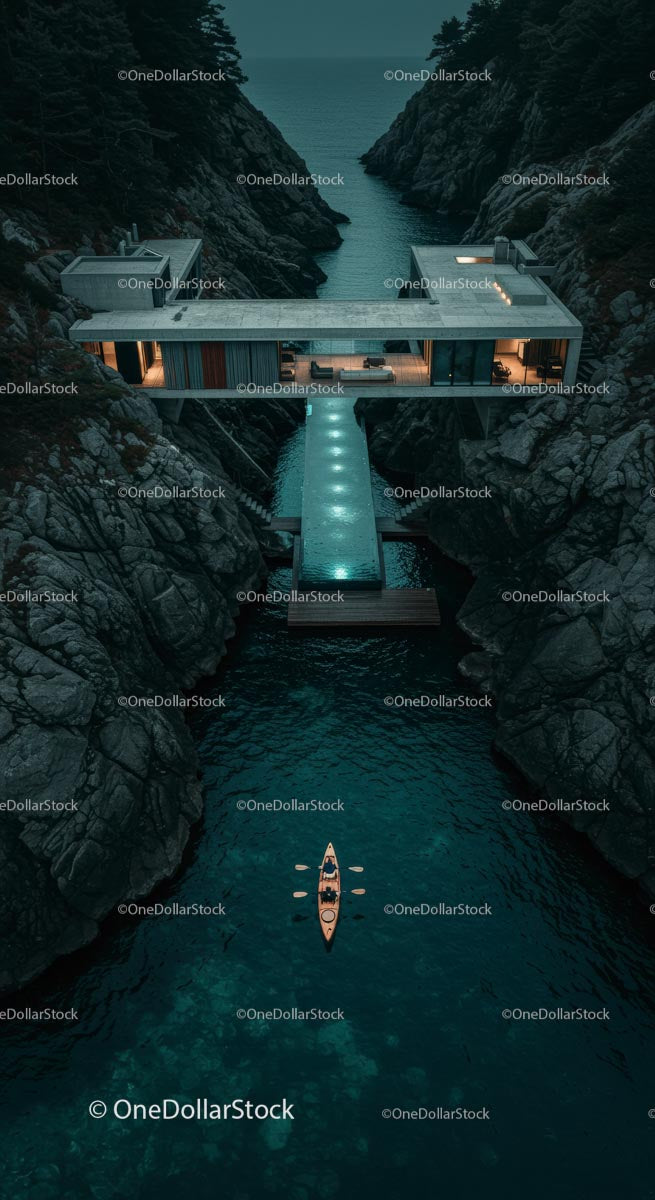 Luxury Cliffside Home with Kayakers on Turquoise Waters