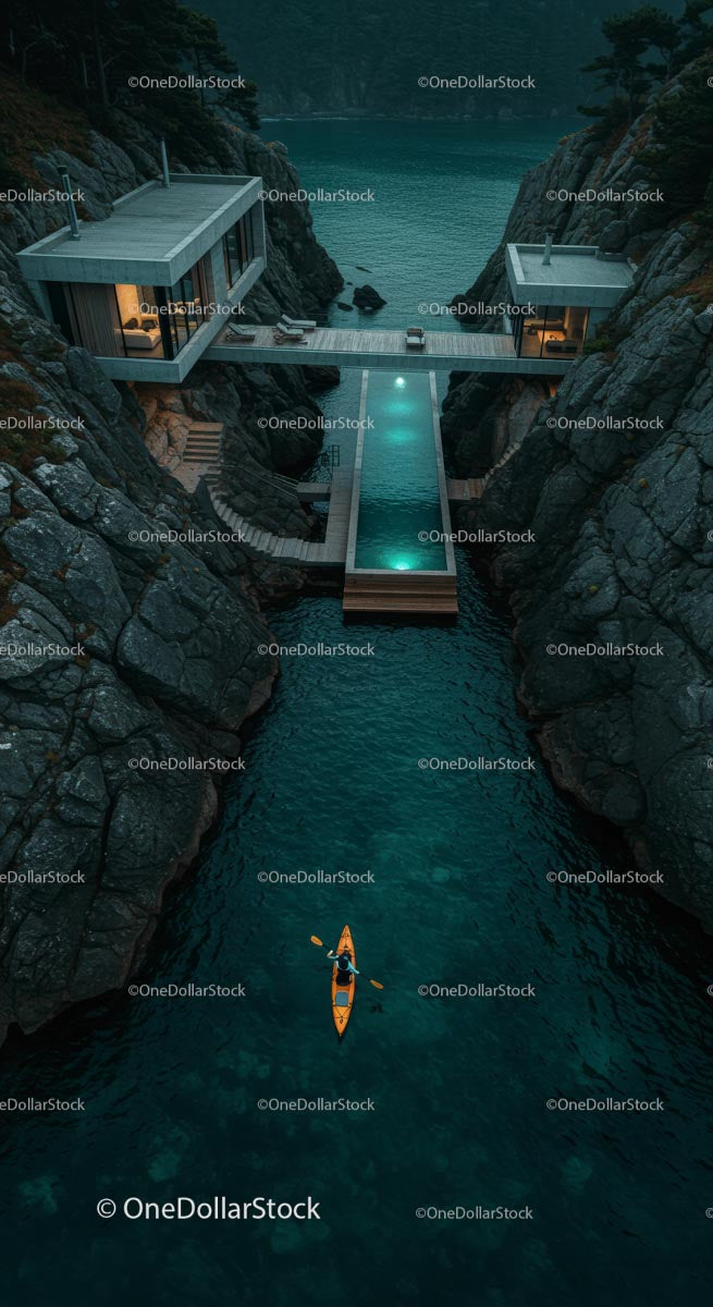 Luxury Cliffside Home with Kayakers on Turquoise Waters
