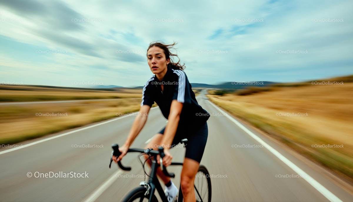Female Cyclist Riding on Open Countryside Road