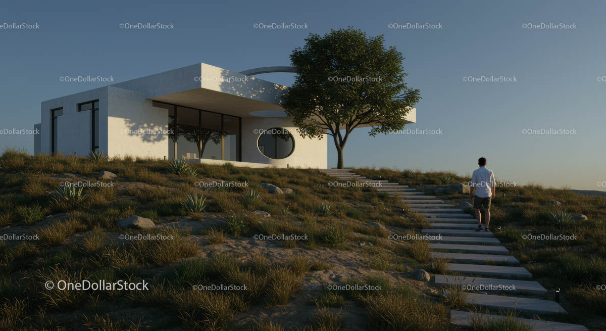 Modern Minimalist House in Sunset Landscape