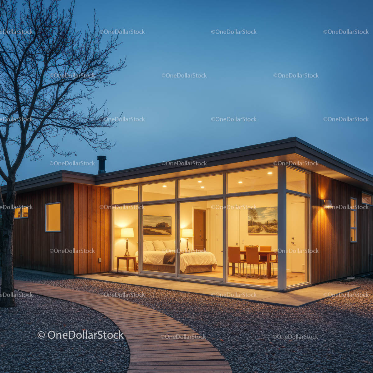 Modern Glass House Illuminated in Evening Light