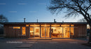 Modern Wooden House with Illuminated Glass Facade in Evening