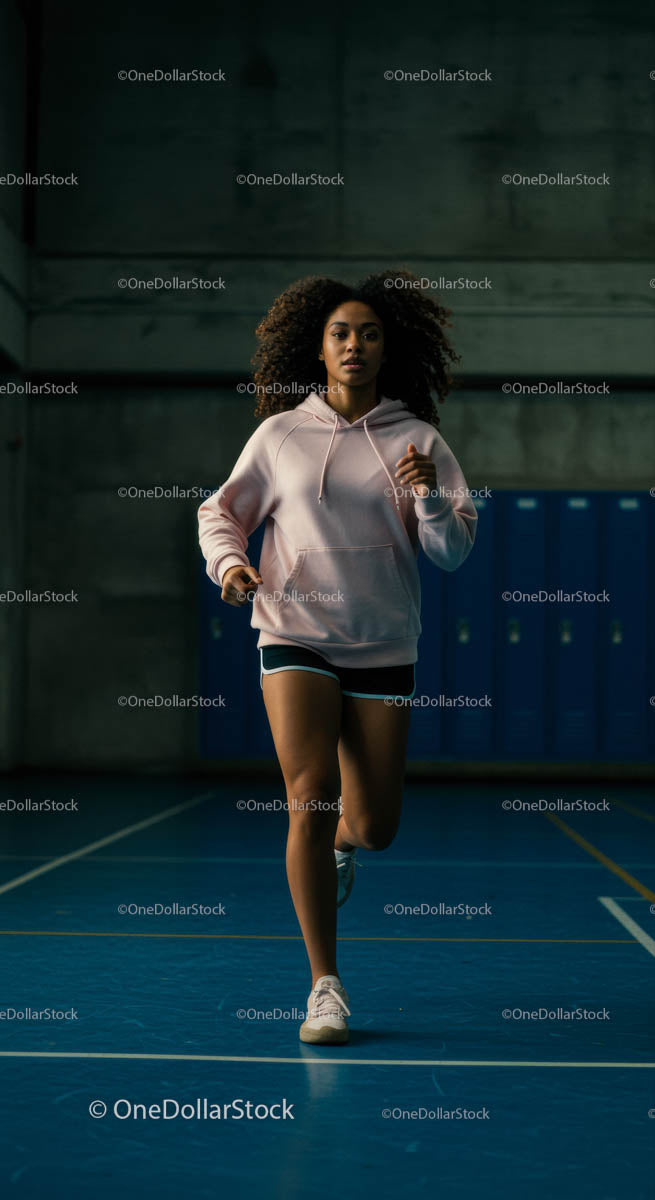 Focused Woman Running on Indoor Blue Sports Court