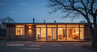 Modern Wooden House at Dusk with Warm Interior Light