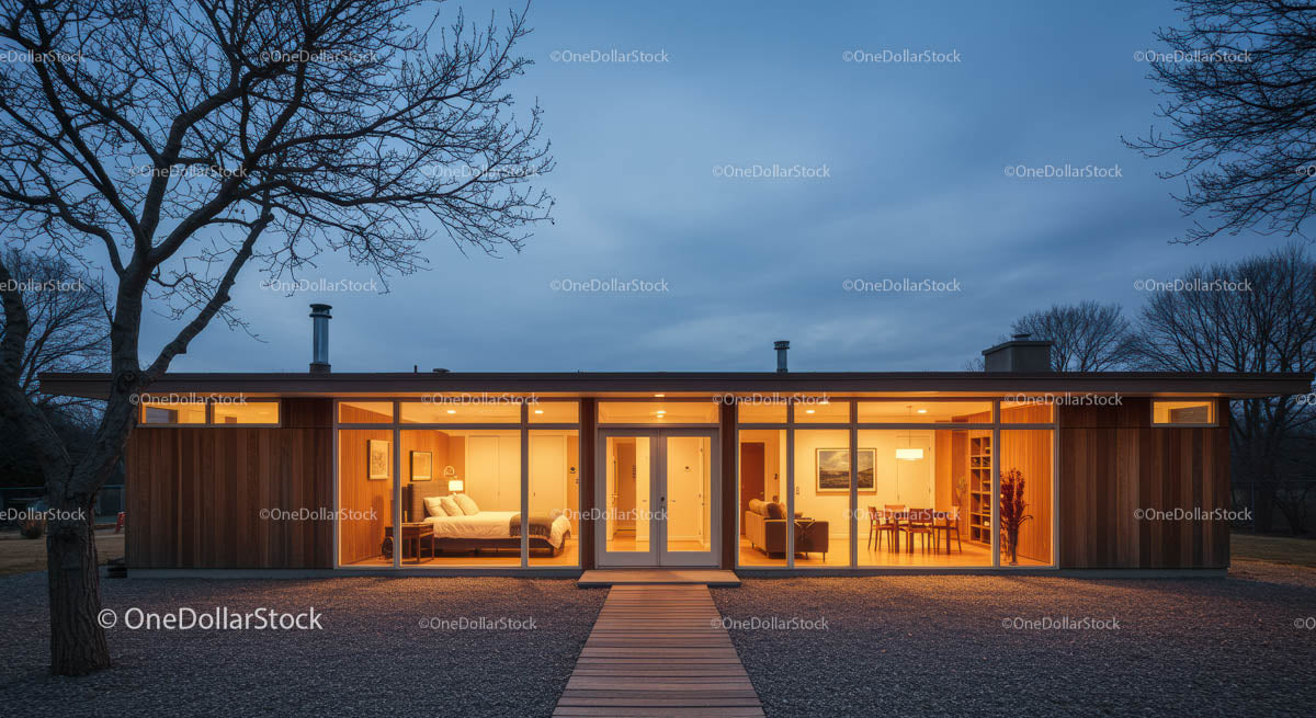 Modern Glass House Illuminated at Twilight with Cozy Interiors