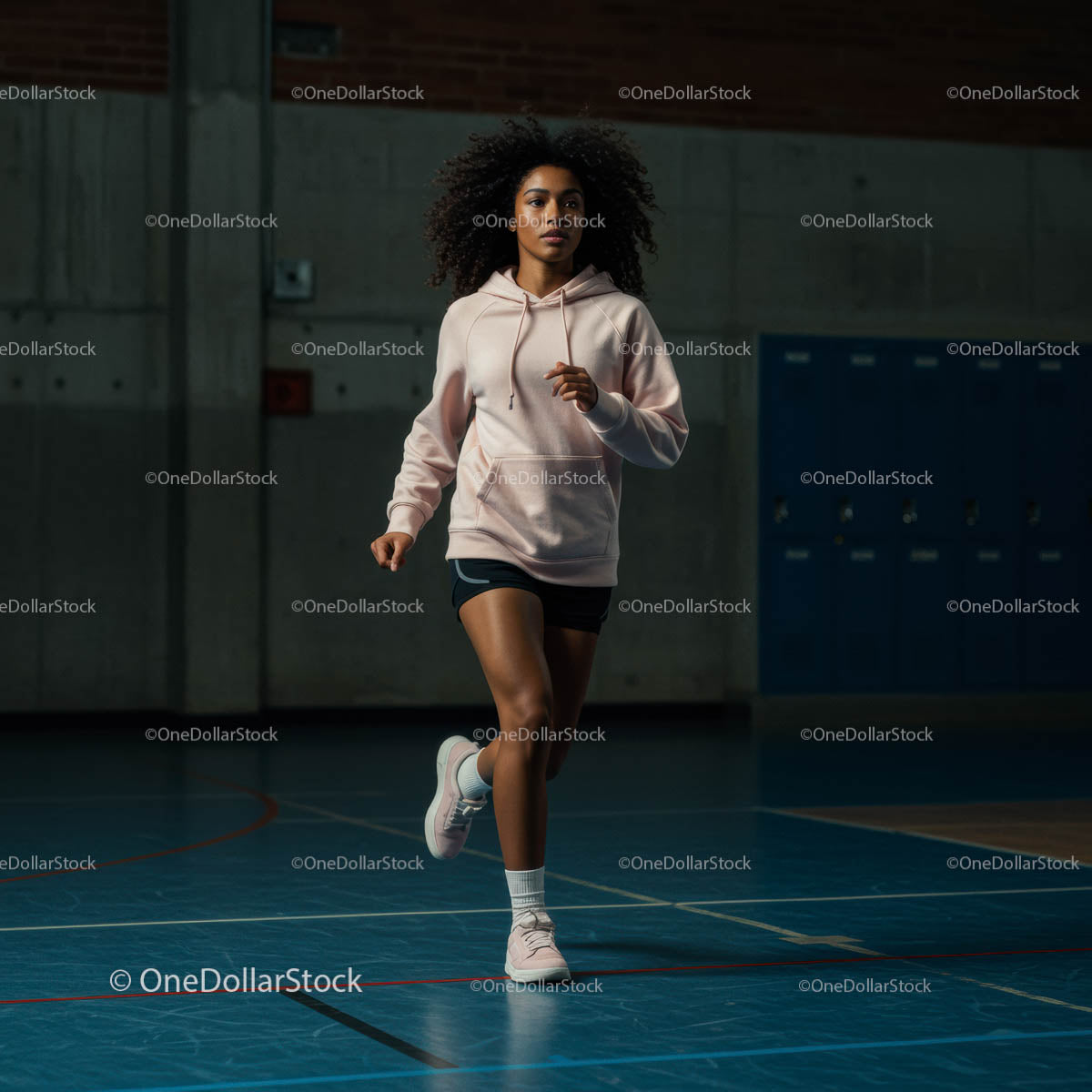 Athletic Woman Running on Indoor Track in Sportswear