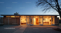 Modern House with Glass Facade Illuminated at Dusk
