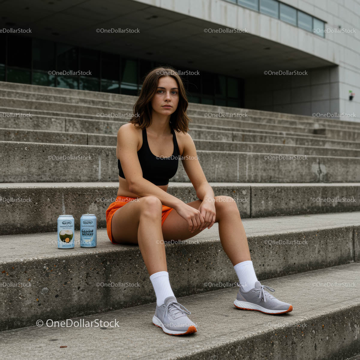 Wysportowana kobieta odpoczywająca na miejskich betonowych schodach w stroju sportowym