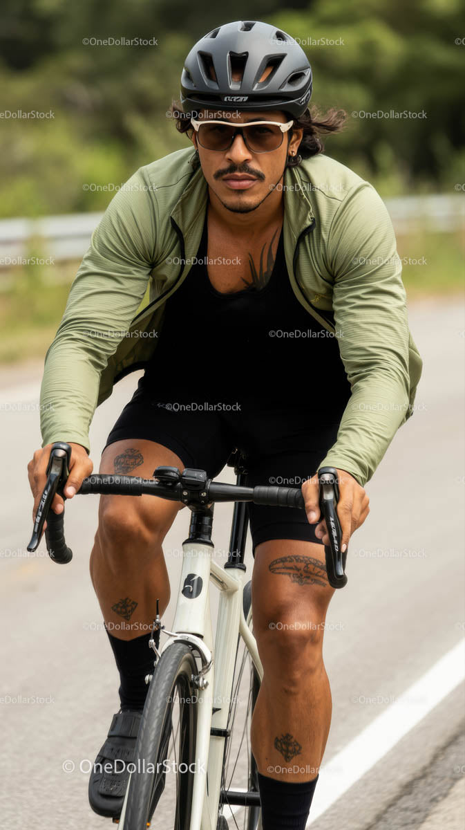 Cyclist in Green Jacket Riding a Road Bike