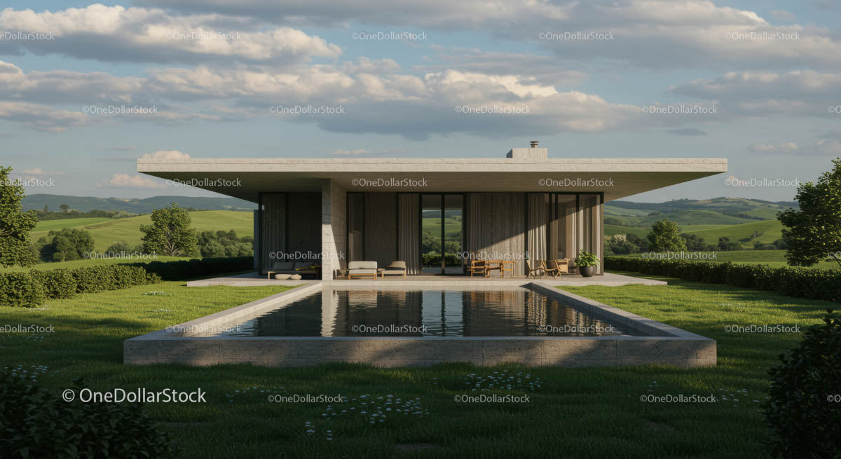 Modern Villa with Reflection Pool in Scenic Countryside