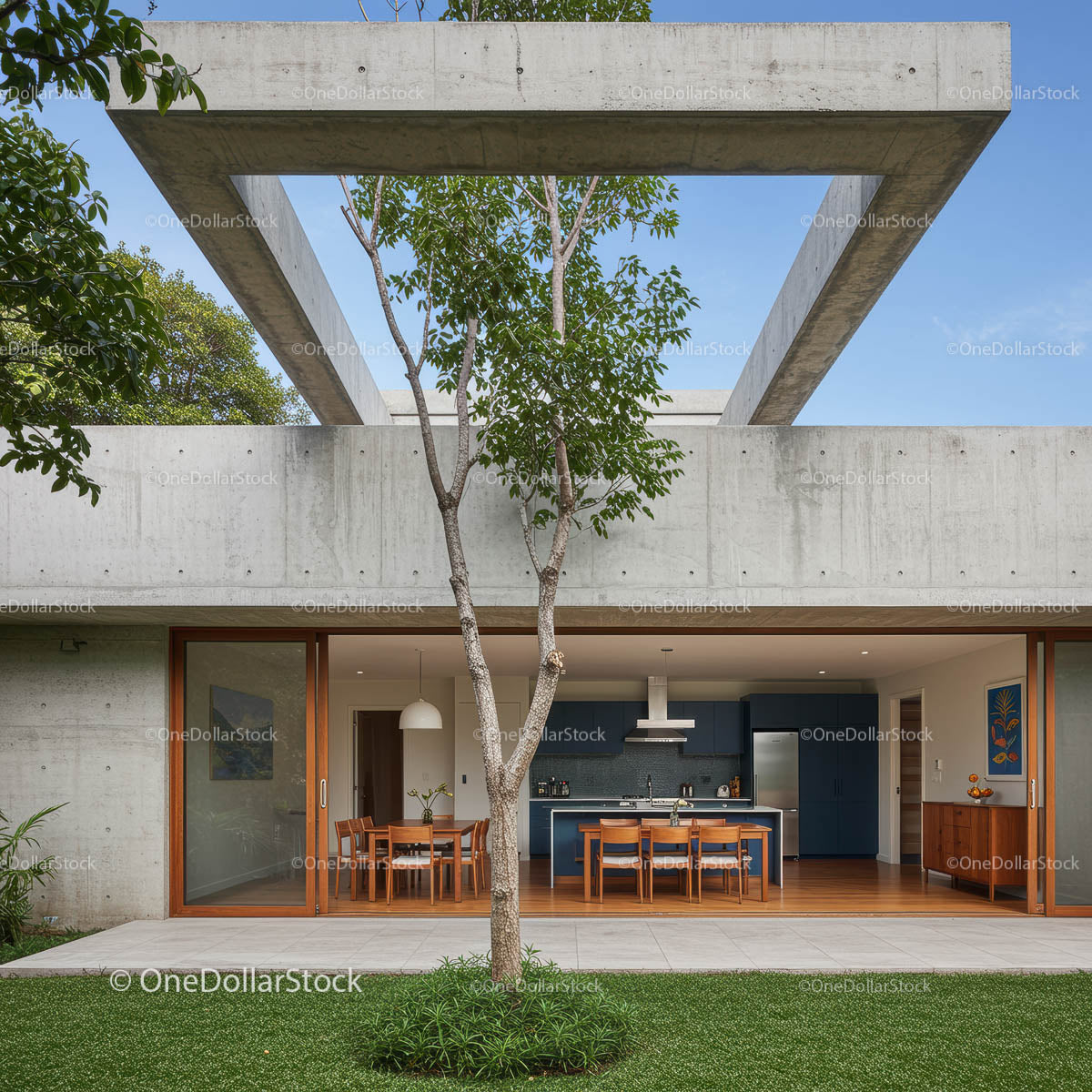 Contemporary Concrete House with Open Patio and Greenery