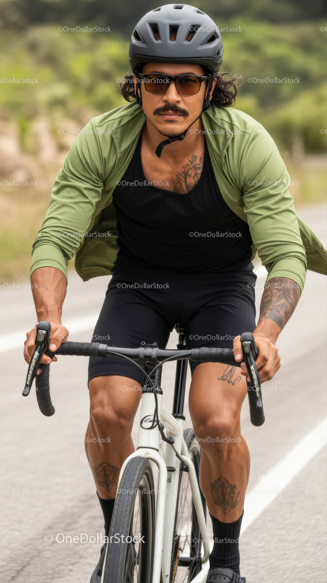 Focused Cyclist Riding on Countryside Road