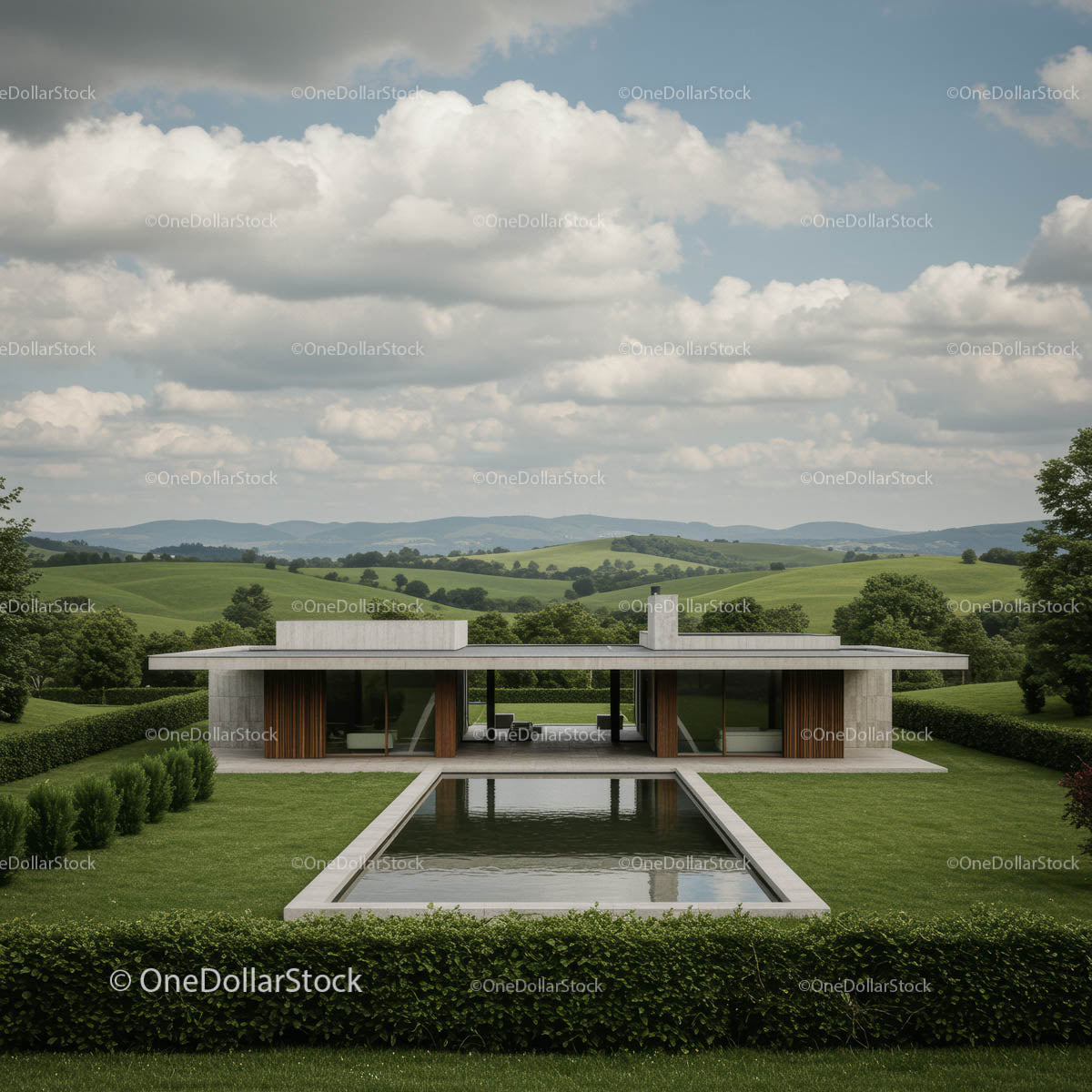 Modern House with Reflection Pool and Scenic Landscape