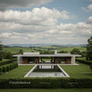 Modern House with Reflection Pool and Scenic Landscape