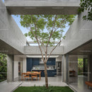 Modern Concrete Structure with Outdoor Dining and Tree Canopy