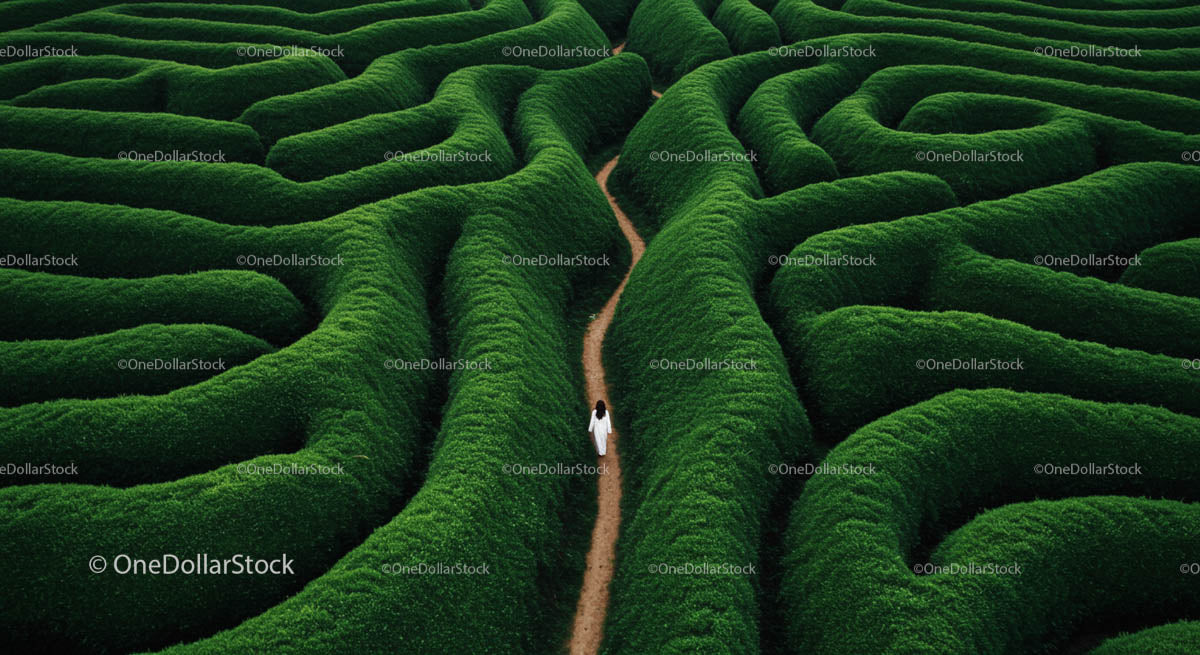 Woman Walking Through Lush Green Hedge Maze