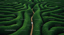 Woman Walking Through Lush Green Hedge Maze