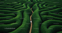 Woman Walking Through Lush Green Hedge Maze