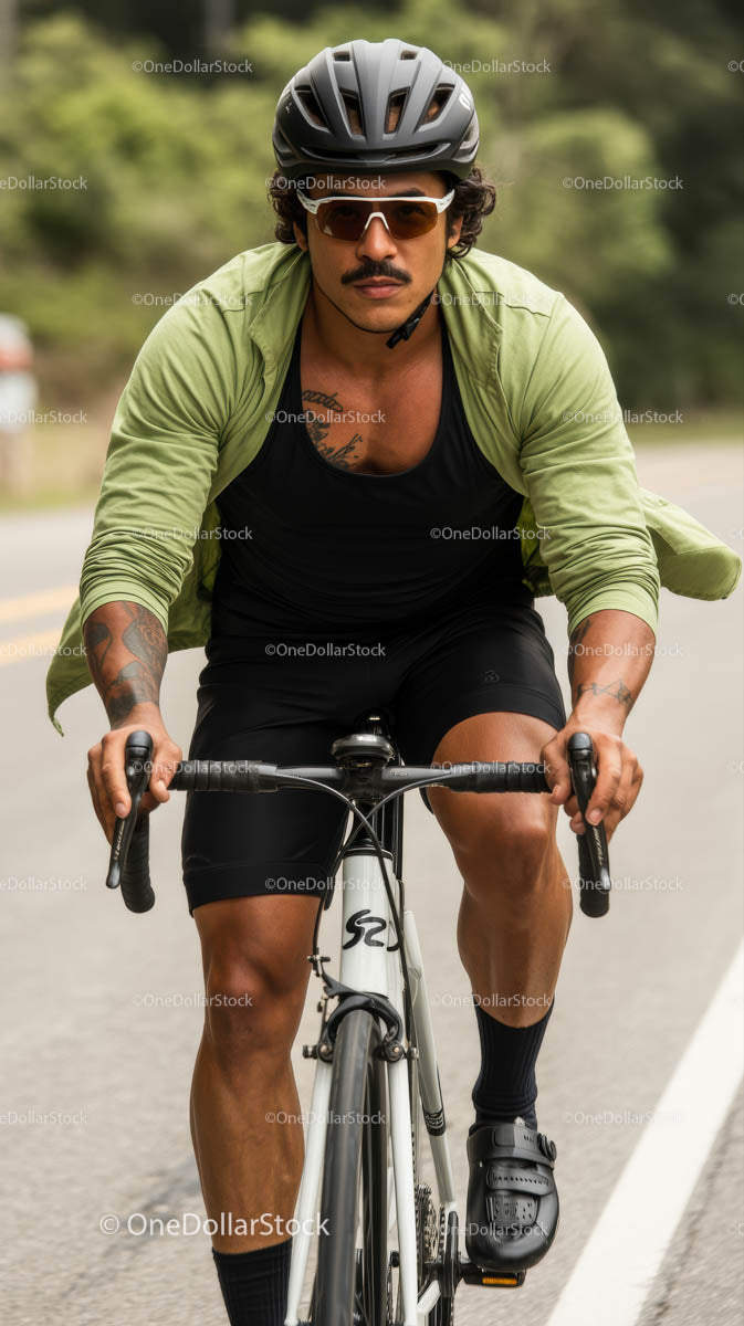 Focused Cyclist in Green Jacket Riding on Road