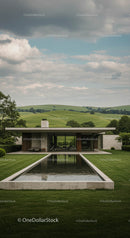 Modern Glass House with Reflective Pool in Countryside