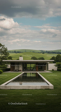 Modern Glass House with Reflective Pool in Countryside