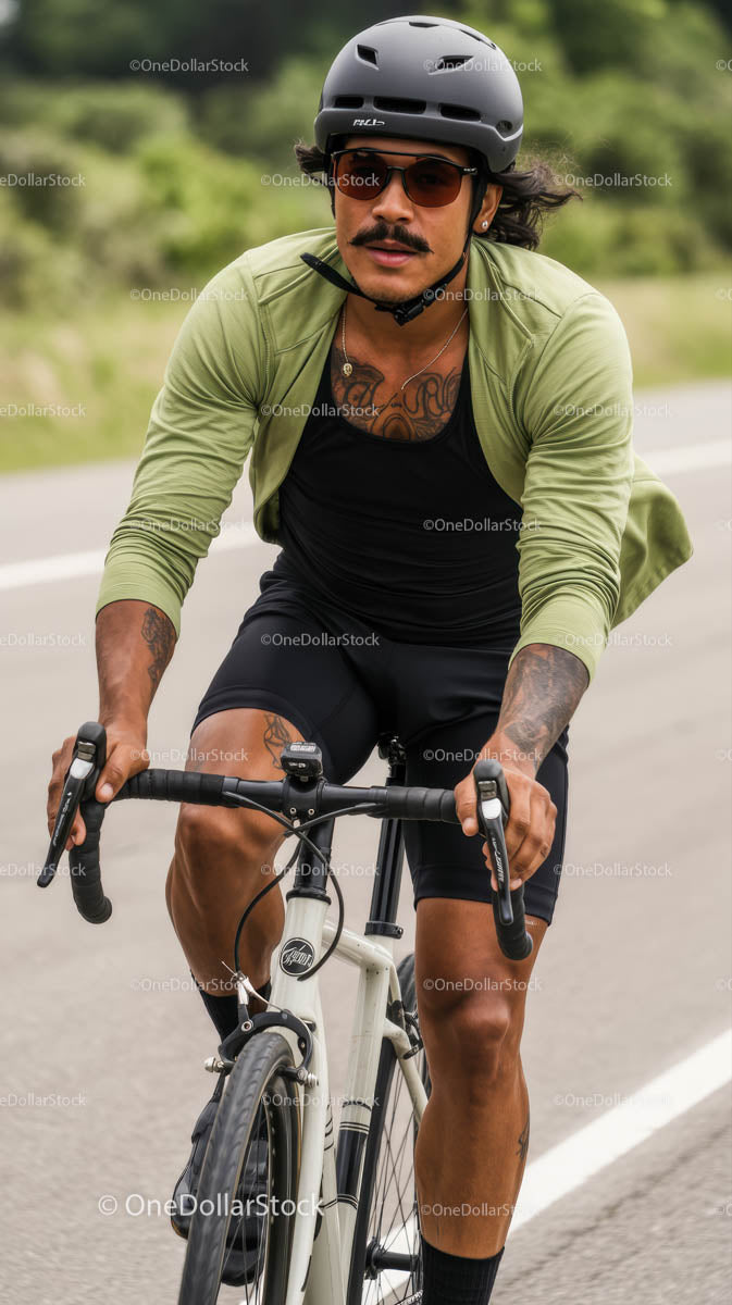 Focused Cyclist in Green Jacket Riding on an Open Road