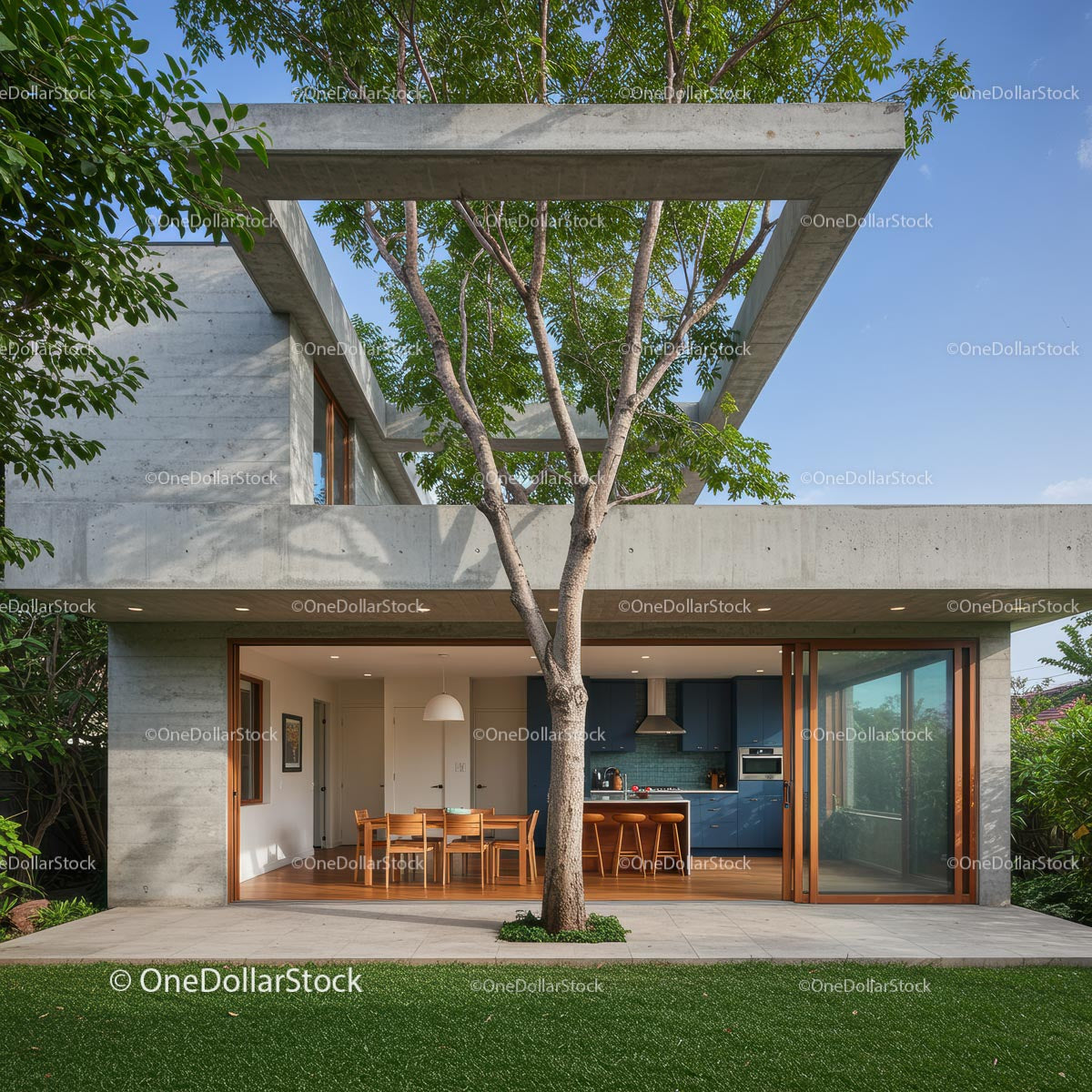 Modern Concrete Structure with Outdoor Dining and Tree Canopy