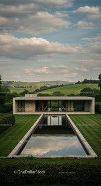 Modern Architectural Villa with Reflecting Pool in Countryside