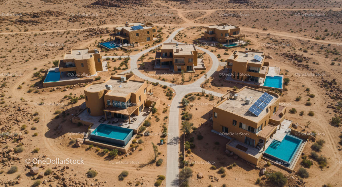 Aerial View of Luxurious Desert Villas with Pools