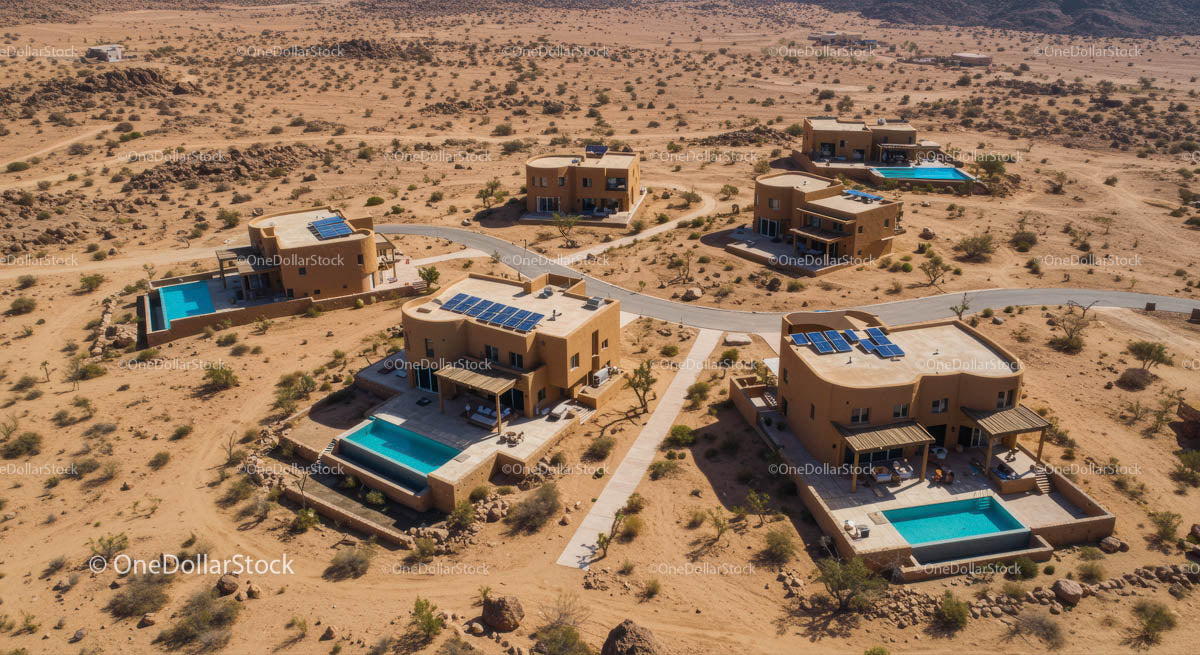 Aerial View of Luxury Desert Villas with Pools
