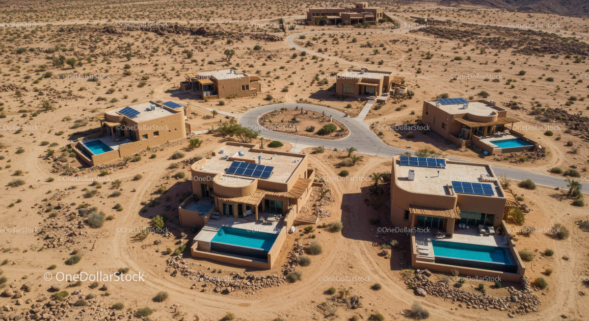 Aerial View of Luxury Desert Villas with Infinity Pools