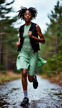 Woman Jogging in Forest Wearing Green Dress
