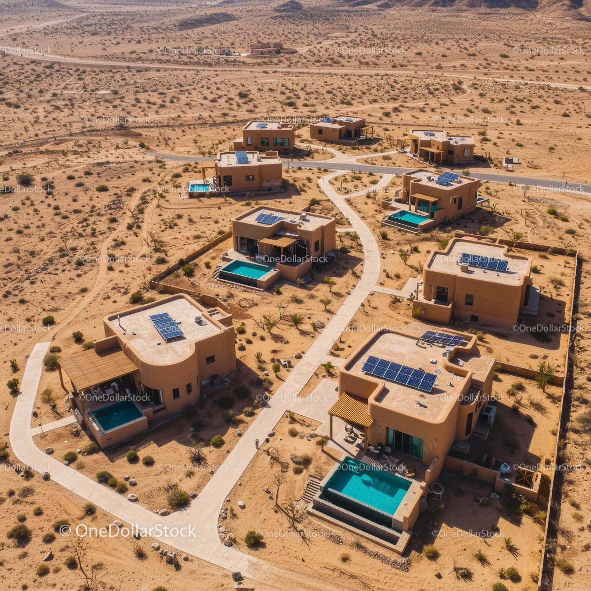 Desert Villas with Solar Panels and Pools in Arid Landscape