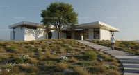 Modern Minimalist House with Grassy Landscape and Scenic Views
