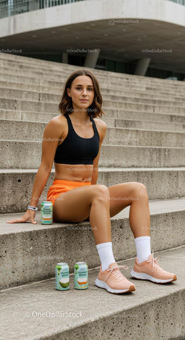 Sporty Woman in Orange Shorts Sitting on City Steps