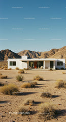 Modern White House Amidst Desert Mountains and Clear Skies