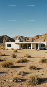 Modern White House Amidst Desert Mountains and Clear Skies