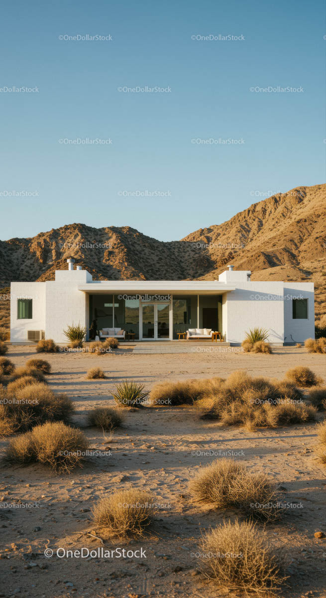 Modern Desert Home Amidst Rugged Mountains and Blue Sky