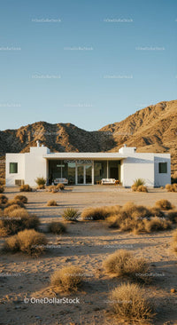 Modern White House Amidst Desert Mountains and Clear Skies