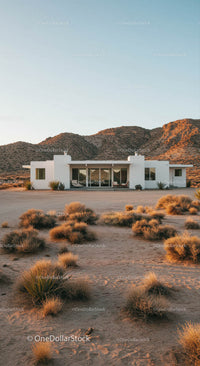 Modern White House in Serene Desert Landscape at Sunset